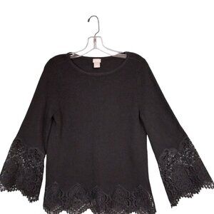 Chico's | Black Knit Lace Trim Long Sleeve Top | Size M
